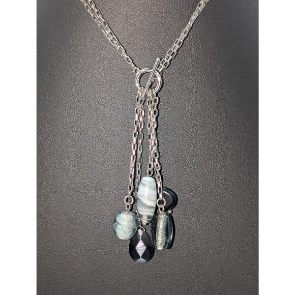 Silver Tone Double Square Link Chain Front Toggle Glass Bead Tassel 17" Necklace - Picture 2 of 7